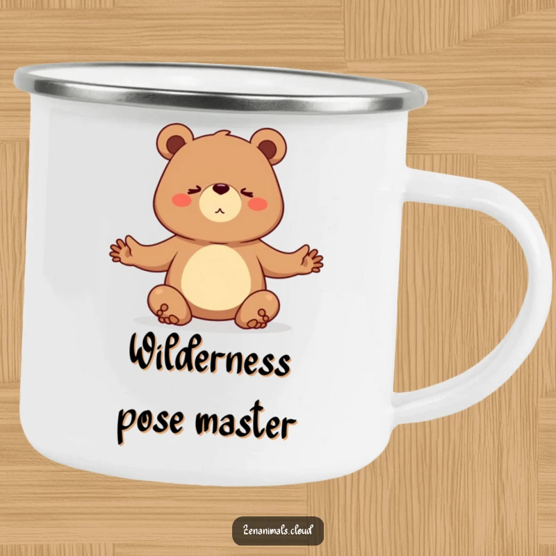 Funny camping mug featuring a determined bear practicing a yoga pose, perfect for outdoor mindfulness.