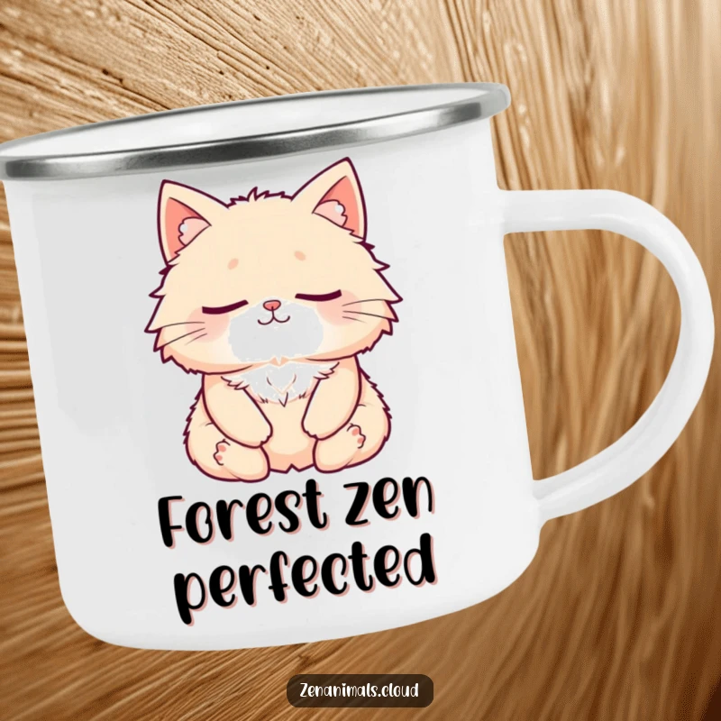 Funny Cat Camping Mug: A fluffy cat meditating peacefully, eyes closed, with a subtle smile, perfect for outdoor enjoyment.