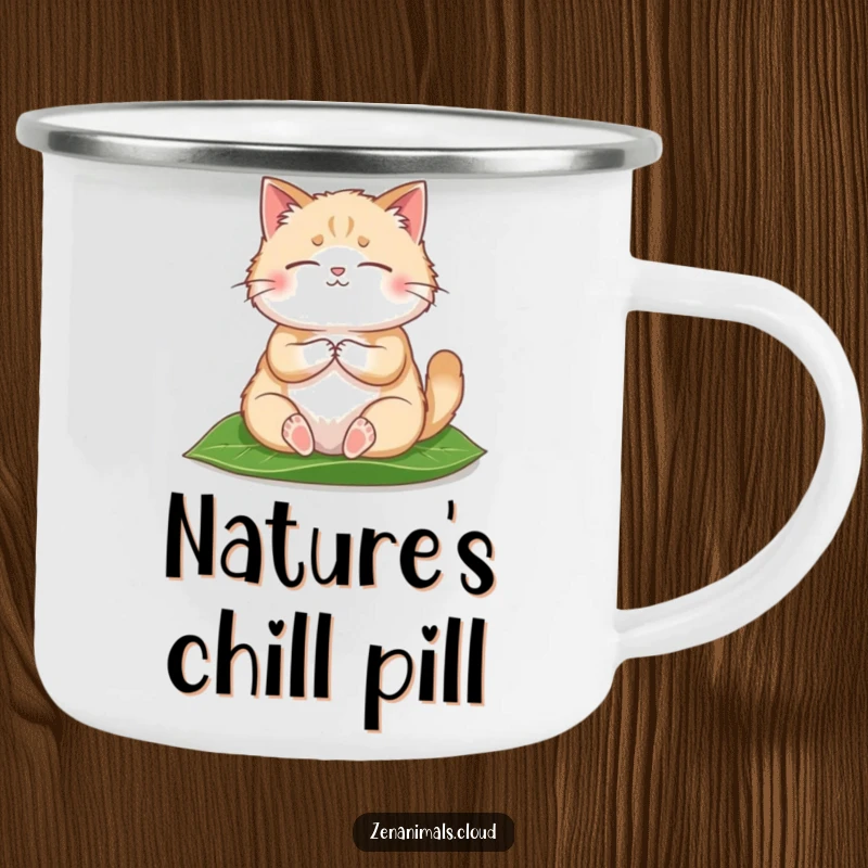 Funny Camping Mug showcasing a round, fluffy cat meditating peacefully on a leaf, designed for outdoor humor.