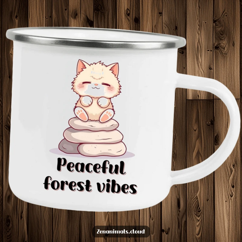 Funny Cat Camping Mug: Fluffy cat meditating on stone stack, eyes closed, a humorous outdoor mug.