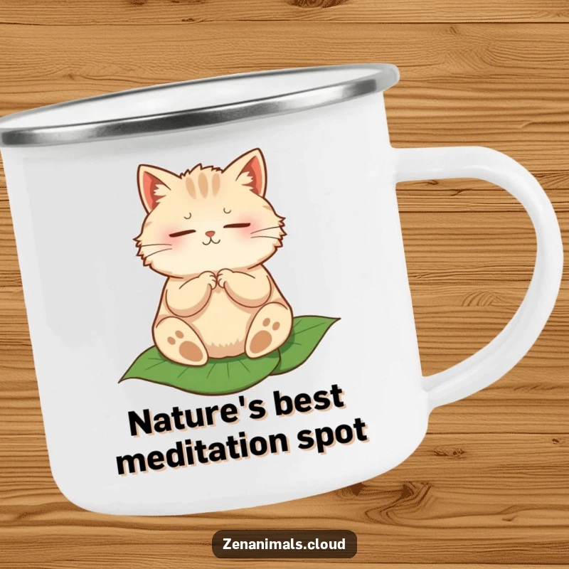 Funny camping mug featuring a round, fluffy cat meditating peacefully on a leaf, perfect for outdoor calm.