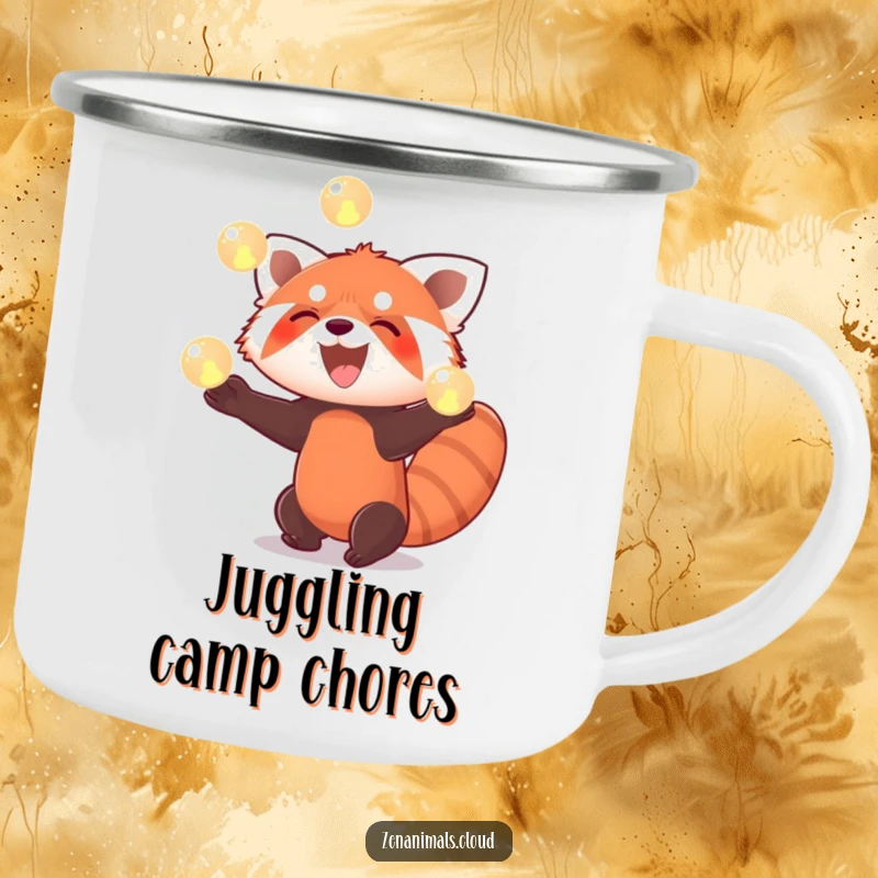 Funny red panda camping mug featuring a red panda enthusiastically juggling three glowing orbs with a wide smile.