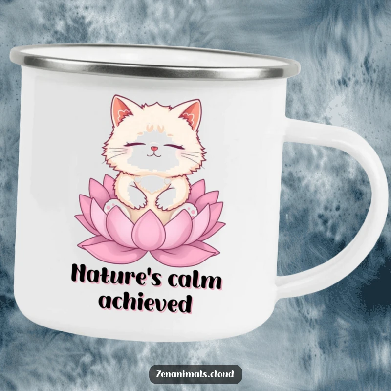 Funny cat meditation camping mug with a fluffy cat on a lotus, durable and humorous for outdoor lovers.