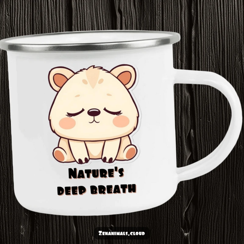 Funny animal breathing deeply with eyes closed on a durable enamel camping mug.
