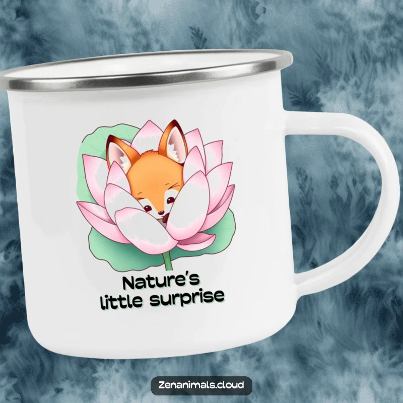 Funny curious fox peeking from a lotus flower camping mug, bringing mystical charm to outdoor beverages.