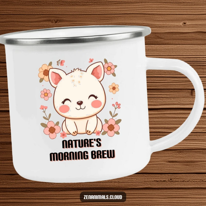 Funny camping mug with a happy animal's gentle smile, surrounded by illustrative floral elements, perfect for campfire companionship.