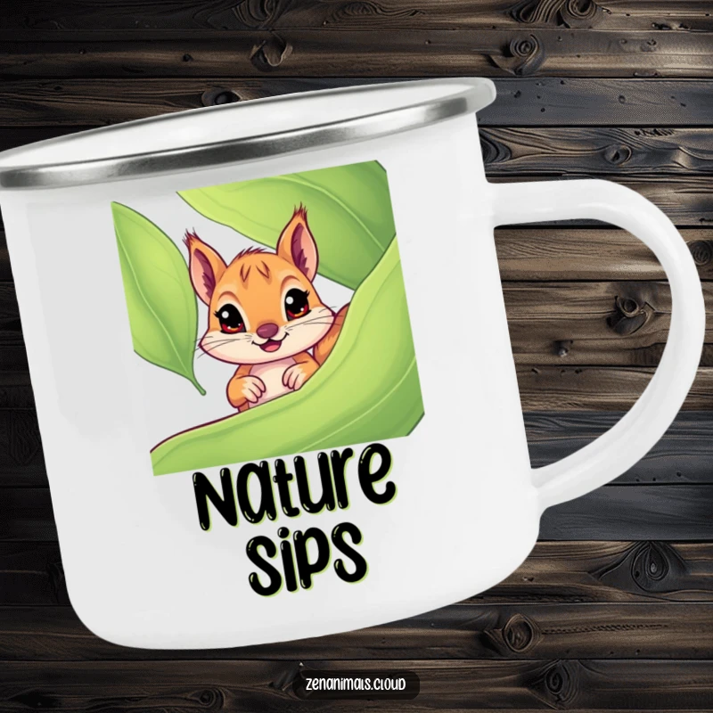 Funny squirrel camping mug showing a curious squirrel with wide eyes peeking from behind a leaf, perfect for outdoor enthusiasts.