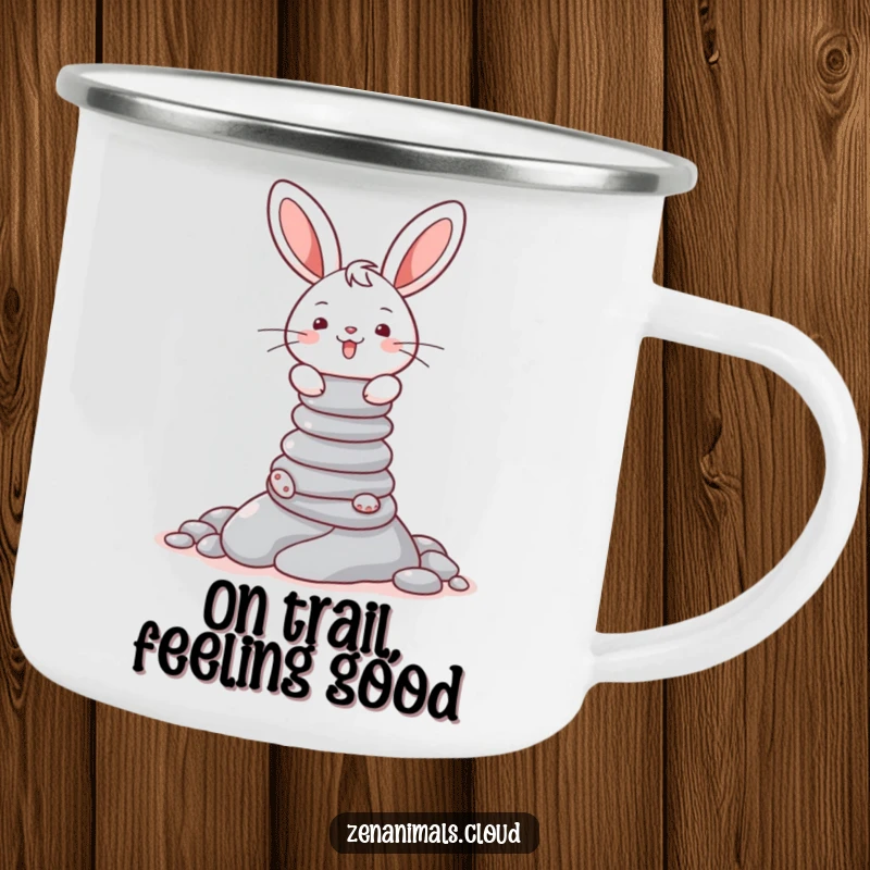 Funny camping mug featuring a cheerful bunny balancing a tall stack of pebbles, perfect for outdoor focus.