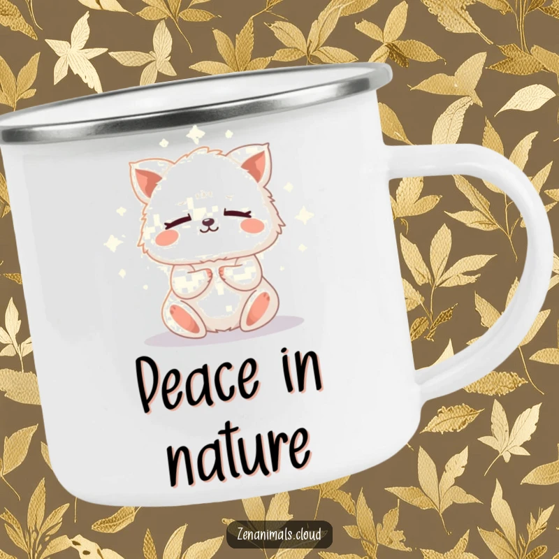 Funny meditation animal camping mug showing a fluffy creature meditating with eyes closed, emitting a soft glow, ideal for outdoor peace.