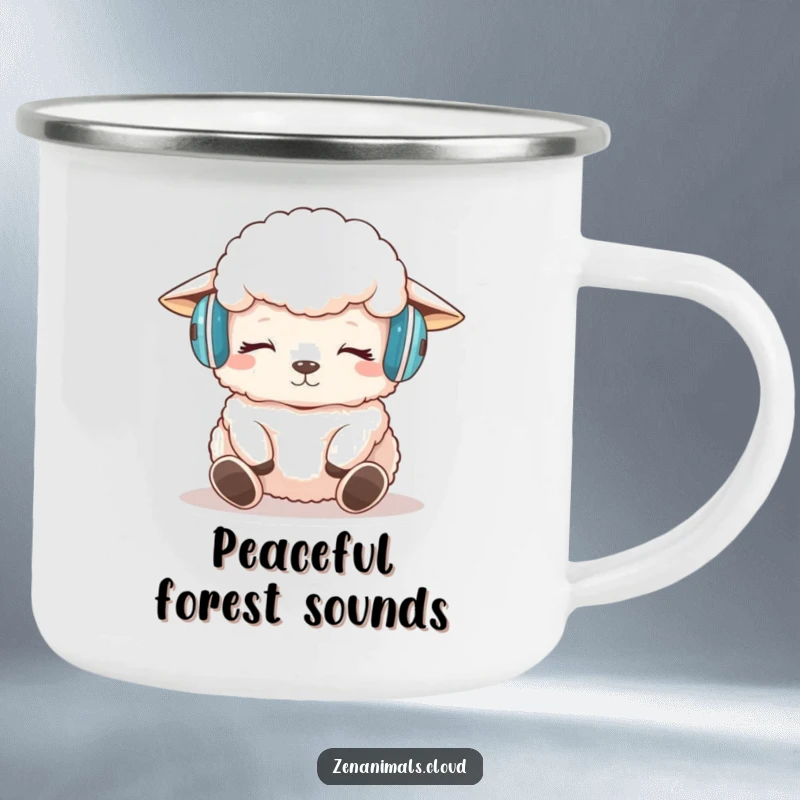 Funny sheep meditation camping mug featuring a sheep with headphones meditating peacefully, ideal for outdoor calm.