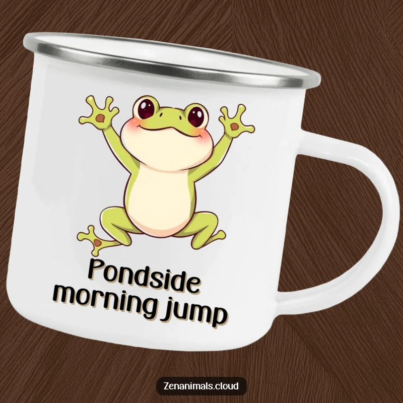 Funny Frog Camping Mug: A robust camping mug featuring a joyful frog in a leaping pose, ideal for energetic outdoor moments.