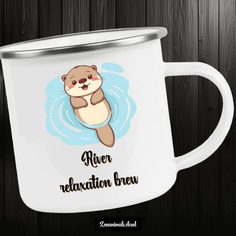 Funny happy otter floating on water camping mug, bringing cheerful serenity to outdoor beverages.