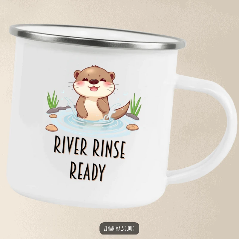 Funny playful otter splashing water in a serene pond with great glee, durable enamel mug.
