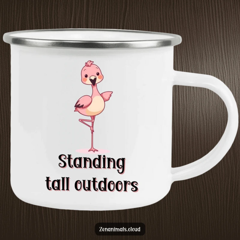 Funny animal balancing on one leg like a flamingo on a durable enamel mug.