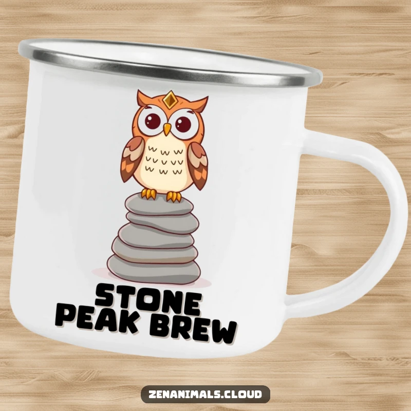 Funny wise owl camping mug featuring an owl on stones, perfect for outdoor enthusiasts who appreciate humor and wisdom.