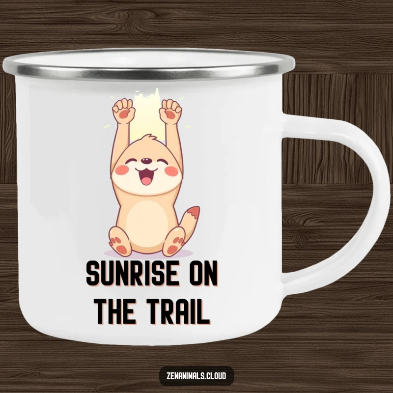 Funny joyful animal camping mug showing a happy creature stretching towards a sunbeam, designed for outdoor enthusiasts seeking positivity.