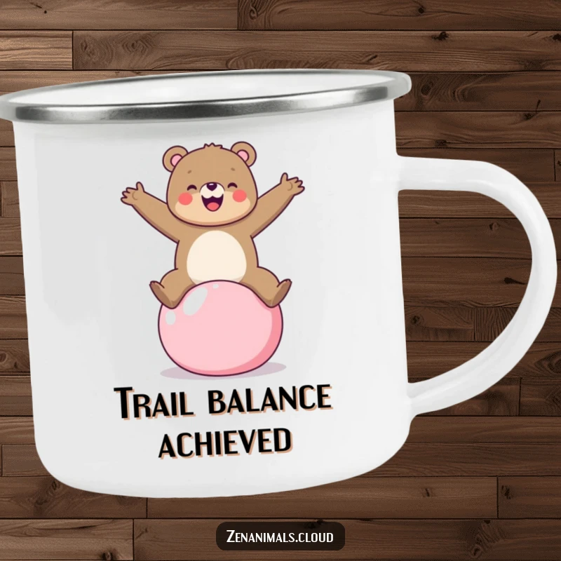 Funny cheerful bear on a yoga ball camping mug, bringing balance and humor to outdoor adventures.