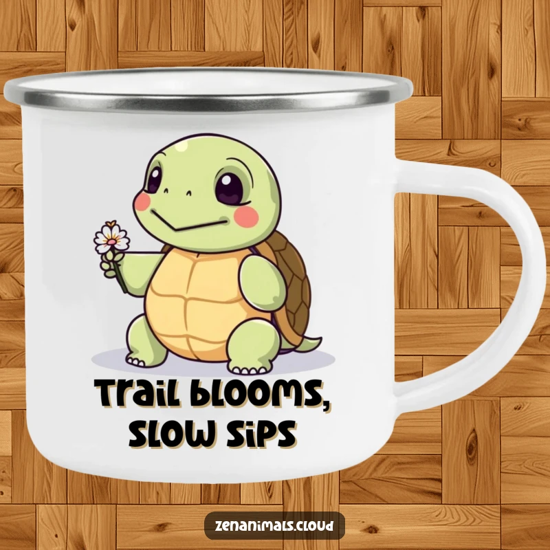 Funny camping mug featuring a wise turtle holding a tiny flower, perfect for outdoor enthusiasts who enjoy a touch of humor.