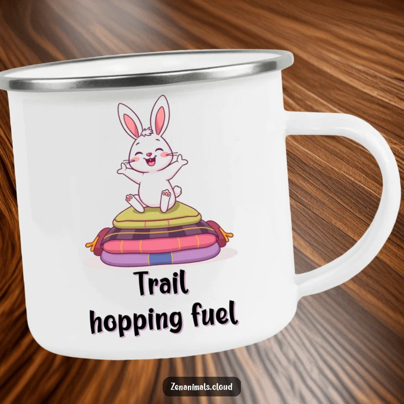 Funny camping mug featuring a bouncy bunny humorously hopping over meditation cushions, designed for outdoor use and peaceful enjoyment.