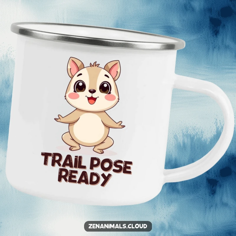 Funny yoga animal camping mug featuring a round, happy creature in an enthusiastic yoga pose, celebrating outdoor activity and joy.