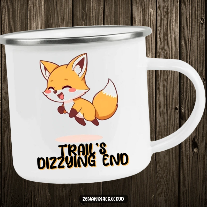Funny Camping Mug featuring a giggling fox chasing its tail in a circle, designed for outdoor humor and playfulness.