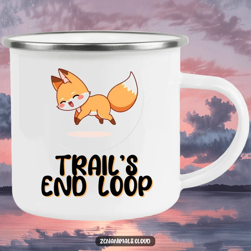 Funny camping mug showing a cartoon fox in a dizzying, happy chase after its tail in an outdoor setting.