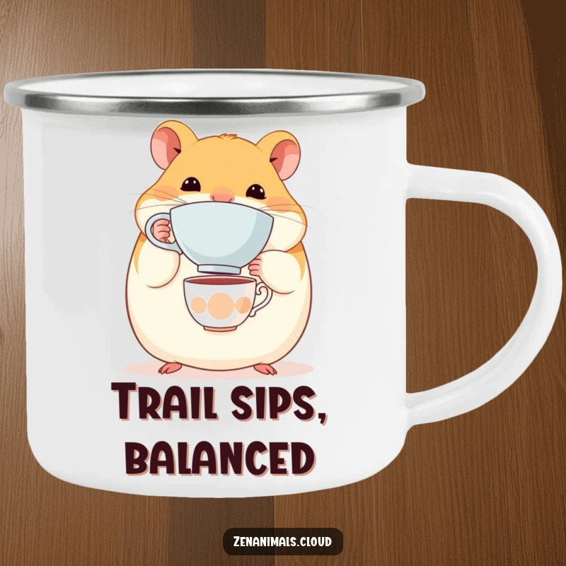 Funny Hamster Camping Mug: A round, content hamster balancing a tiny teacup on its nose, great for outdoor enjoyment.
