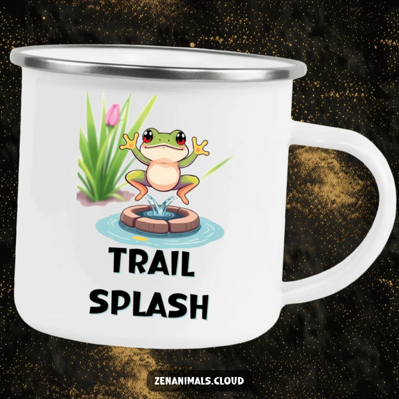 Funny frog camping mug showing a vibrant frog leaping into a meditation pond with a splash, great for outdoor enthusiasts.