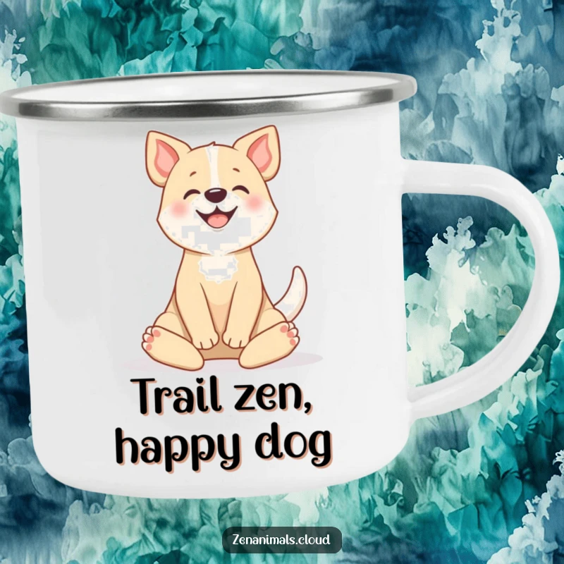 Funny camping mug with a happy dog in a lotus position, tail wagging, perfect for enjoying drinks during outdoor adventures.