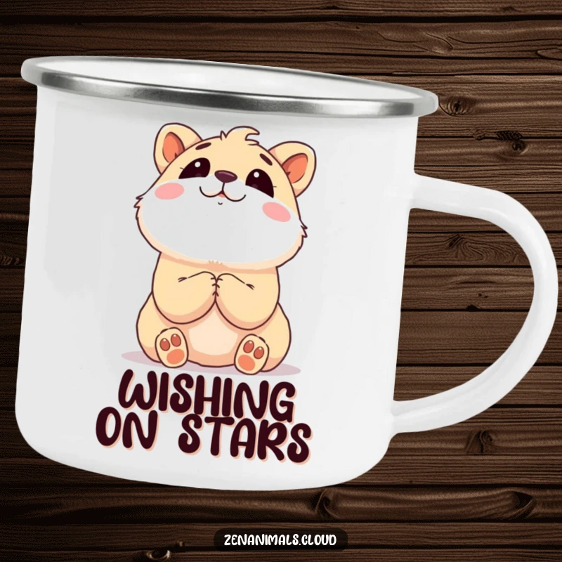 Funny animal with clasped paws looking upwards dreamily on a durable enamel mug.