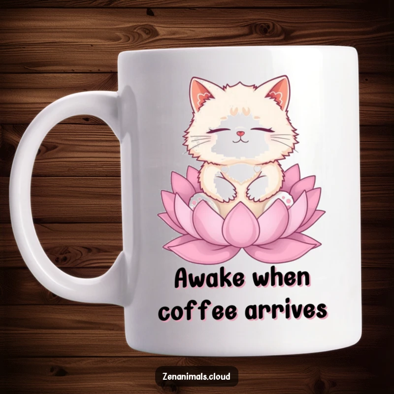 Funny cat meditation mug showing a fluffy cat peacefully meditating on a lotus flower, eyes closed in calm bliss.