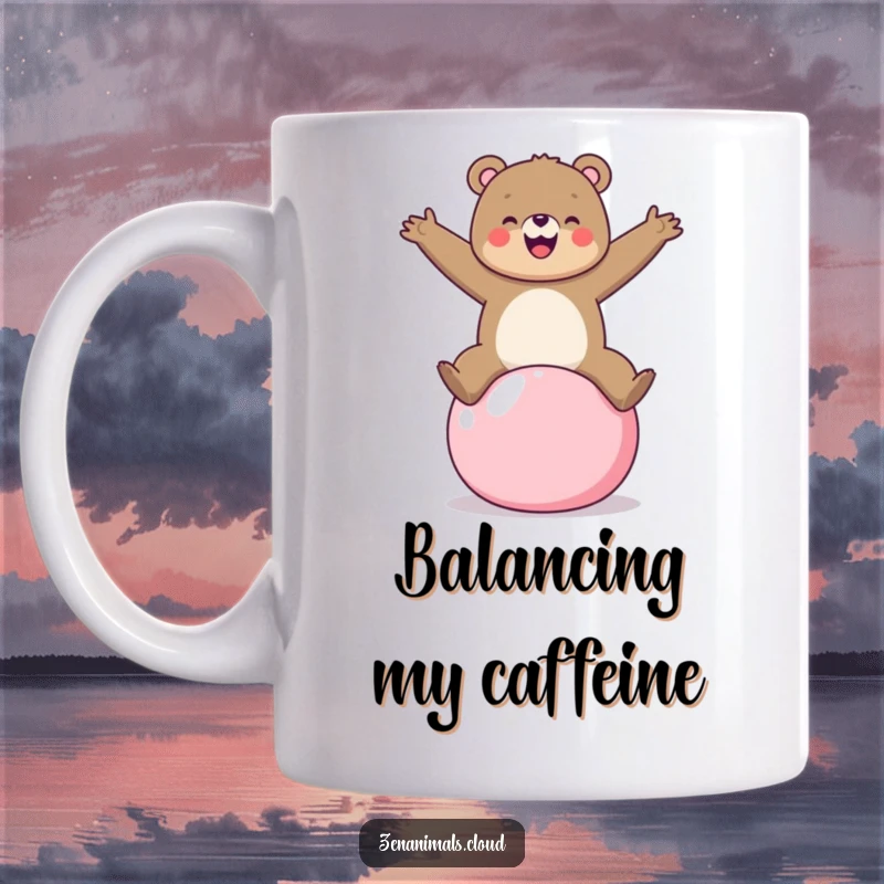 Funny cheerful bear balancing on a yoga ball with arms outstretched on a mug, promoting fun fitness.