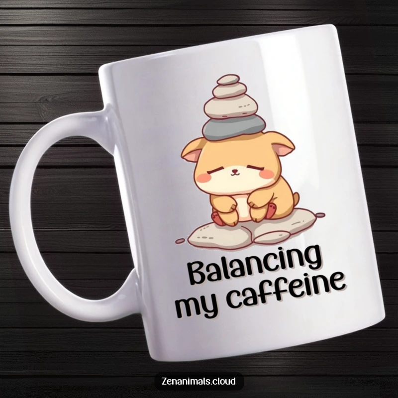 Funny sleepy animal mug showing a tired creature struggling to balance a stack of rocks on its head, symbolizing daily challenges.