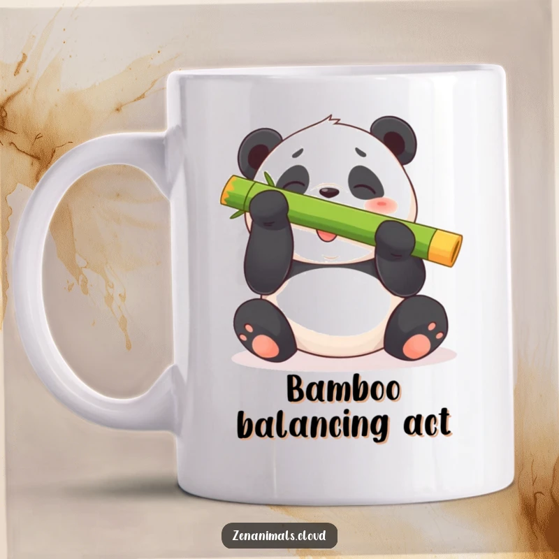 Funny panda bear mug showing a plump bear giggling while balancing a large bamboo shoot on its nose.