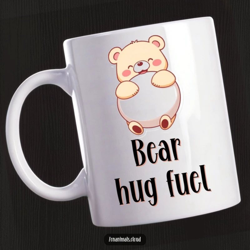 Funny bear character joyfully hugging a large round cushion with an ecstatic expression on this humorous mug.