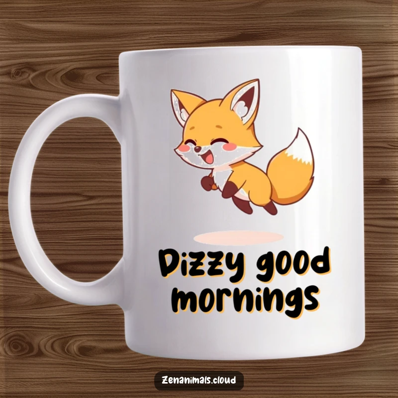 Funny Mug featuring a giggling fox hilariously chasing its own tail in a dizzying circle, capturing pure fun.