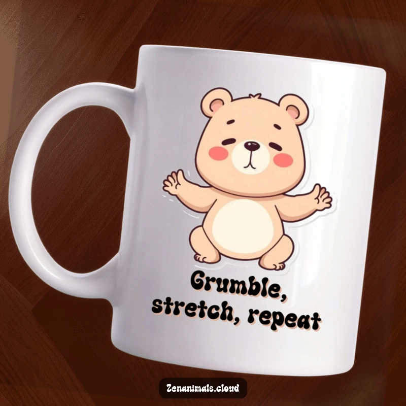 Funny Mug featuring a determined bear intensely practicing a yoga pose, embodying strength and comedic dedication.
