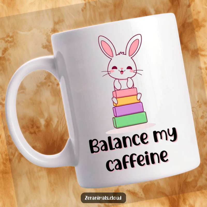 Funny bunny yoga mug showing a cheerful rabbit precariously balancing colorful yoga blocks, a gift for fitness lovers.