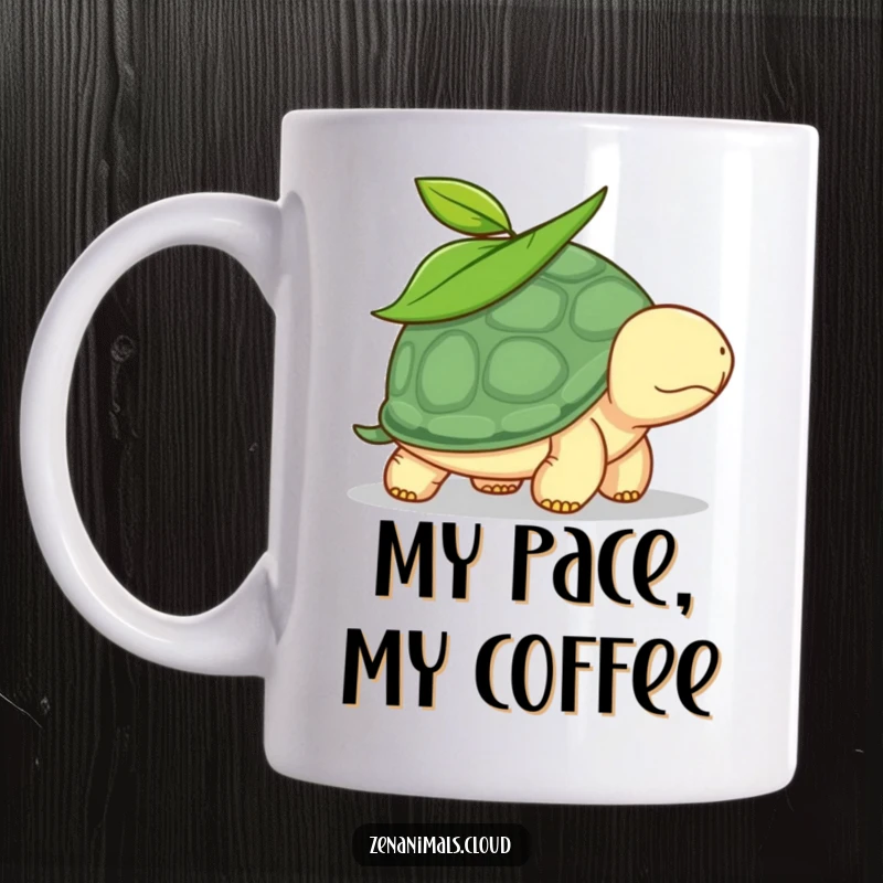 Funny turtle mug with a leaf on its head, embodying calm and slow living, perfect for coffee lovers seeking a humorous start.