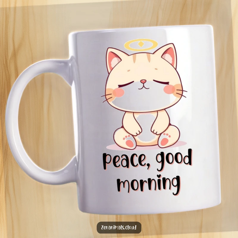 Funny cat meditation mug, contented cat with eyes closed and halo, peaceful and humorous spiritual feline imagery.