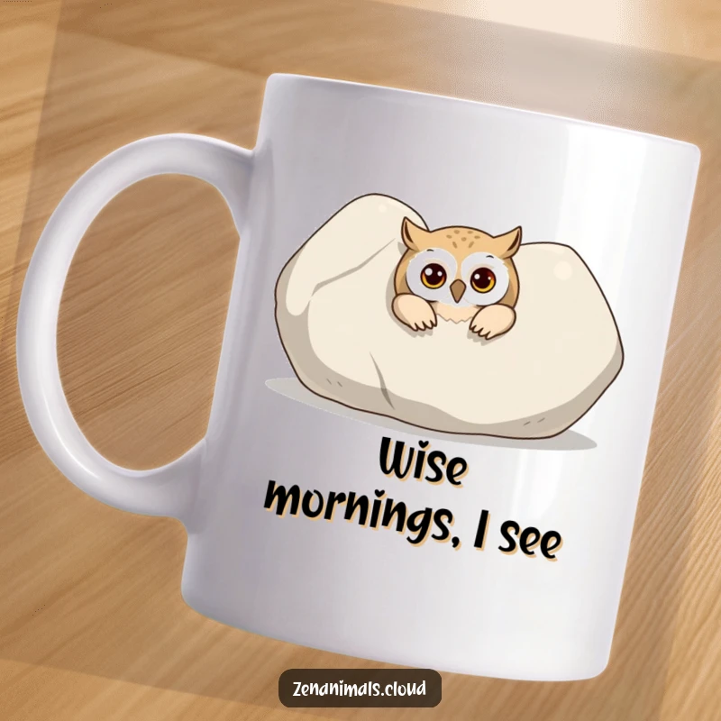 Funny Owl Mug: A curious owl peeking out from behind a large, smooth stone, embodying mystery and playful observation.