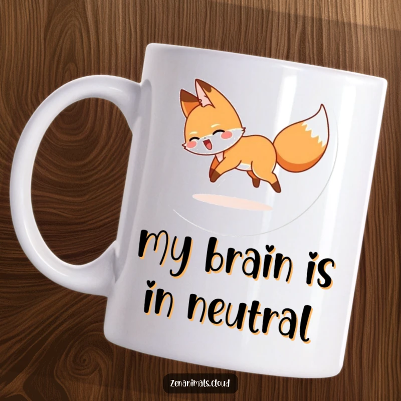 Funny mug with a cartoon fox gleefully chasing its tail in a comical circle, showcasing pure, unadulterated fun.
