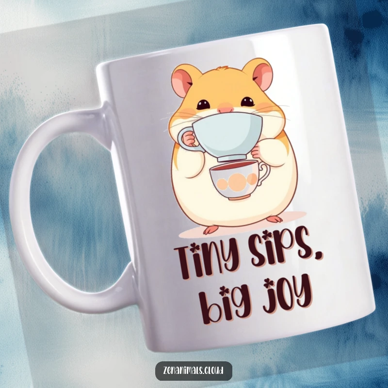 Funny Hamster Mug: A round, content hamster balancing a tiny teacup on its nose, showcasing delightful and humorous skill.