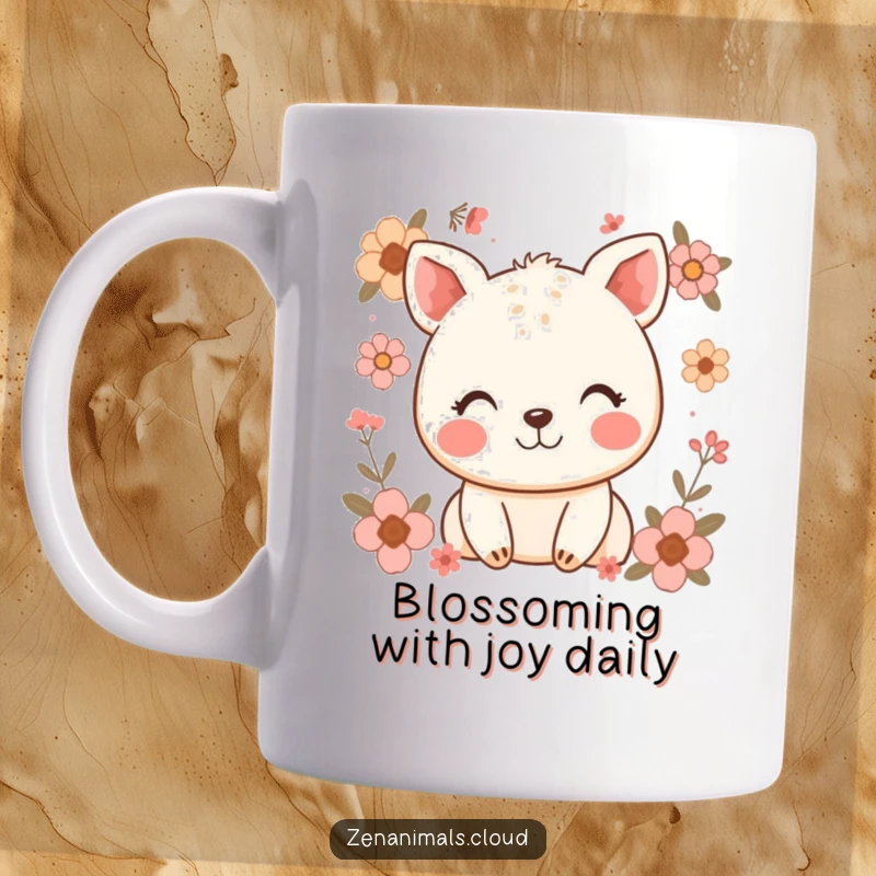 Funny mug featuring a happy animal with a gentle smile, surrounded by delicate floral elements, radiating pure joy and warmth.