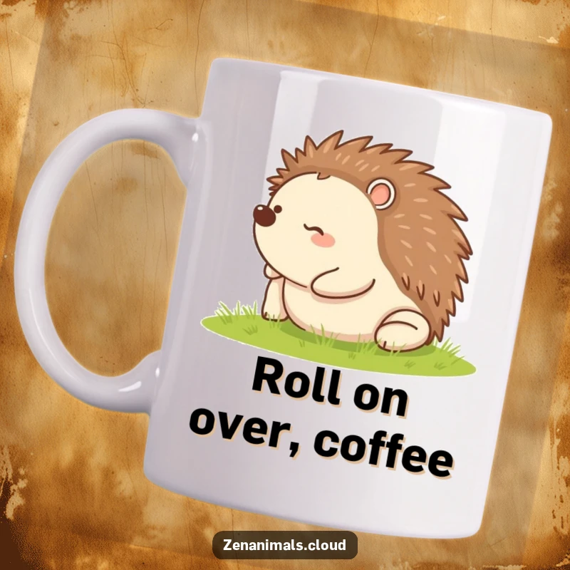 Funny mug featuring a happy hedgehog blissfully rolling on its back, radiating pure joy and contentment.