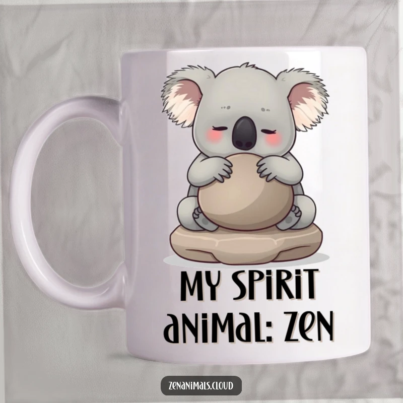 Funny koala hugging a smooth meditation stone mug, showing peacefulness and relaxation. Great for coffee or tea lovers seeking calm.