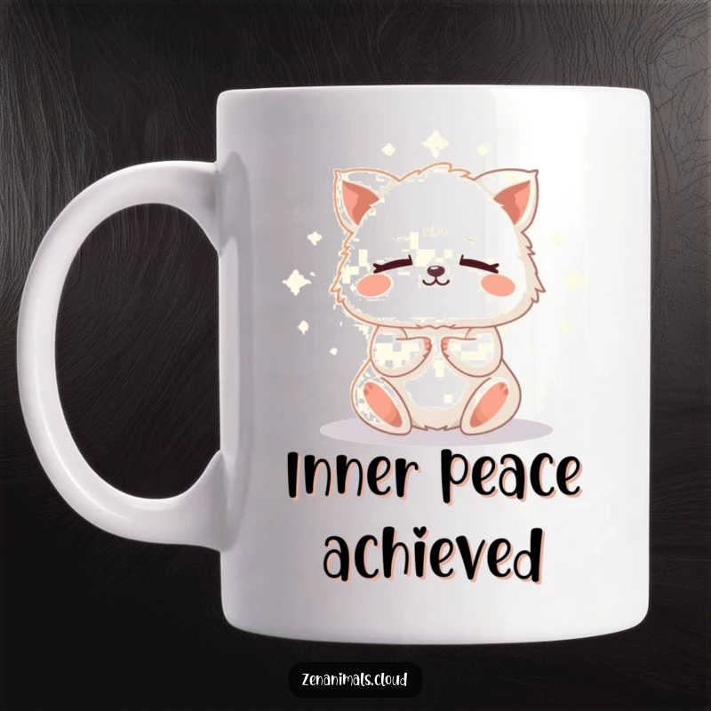 Funny meditating animal mug featuring a tiny, fluffy creature in deep zen with glowing light, symbolizing inner peace and calm.