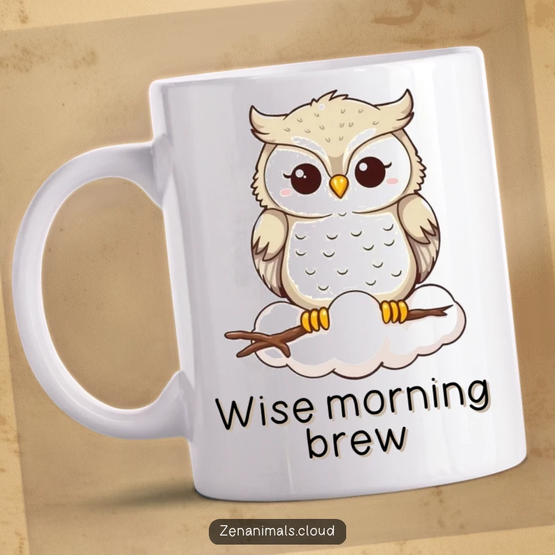 Funny Owl Mug: A serene owl smiles peacefully atop a wispy cloud, radiating calm wisdom and gentle humor, a delightful gift.