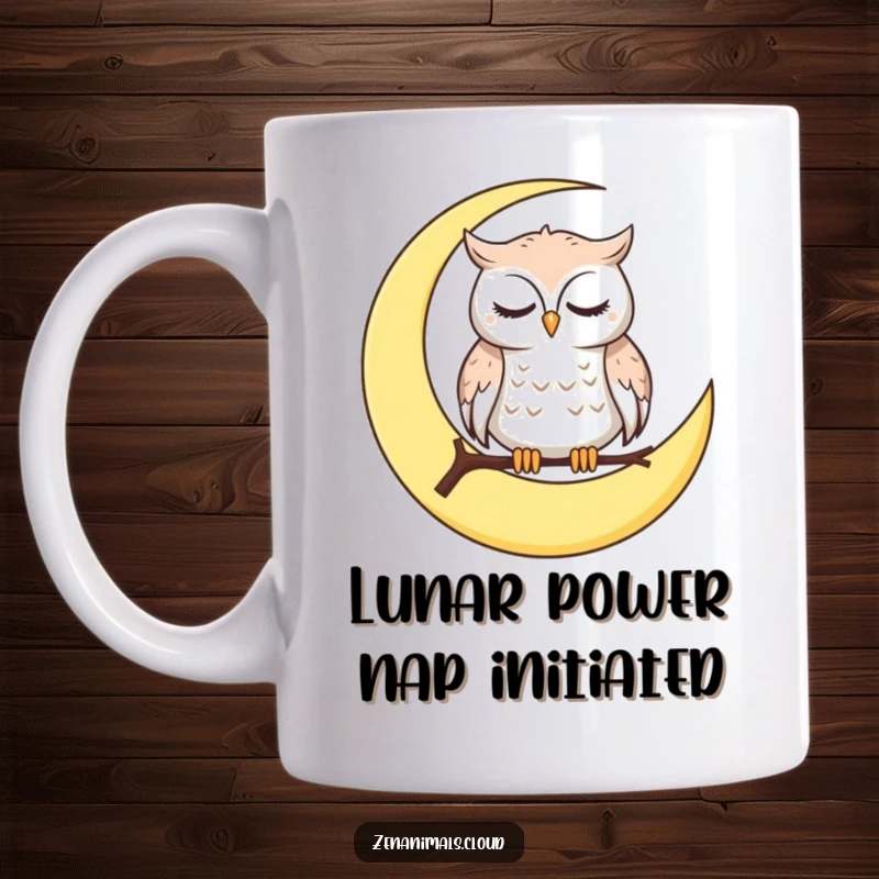 Funny Mug featuring a calm owl perched on a crescent moon, blinking slowly, representing peaceful moments and humor.