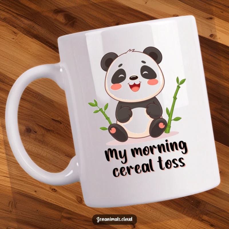 Funny mug featuring a cheerful panda expertly juggling three fresh bamboo shoots with a big, happy smile.